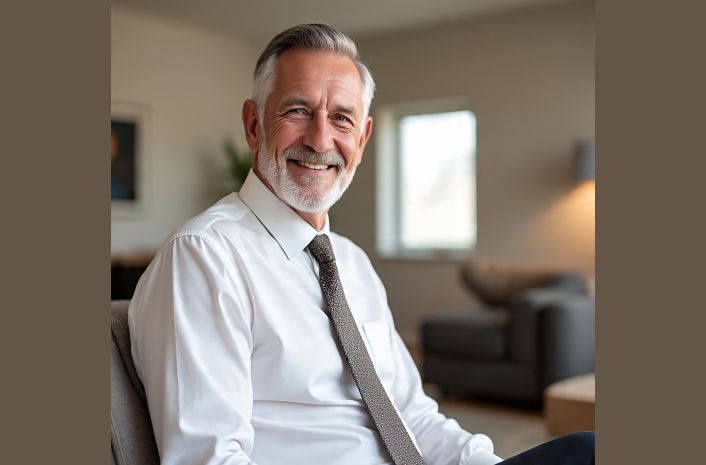 A man in his 60s in a sharp corporate white shirt