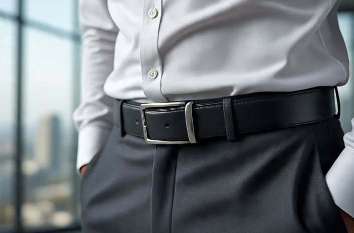 An older man of 60s wearing a sharp belt for corporate fashion