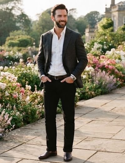 A man in a A charcoal blazer with a crisp white shirt and black jeans for an urban wedding