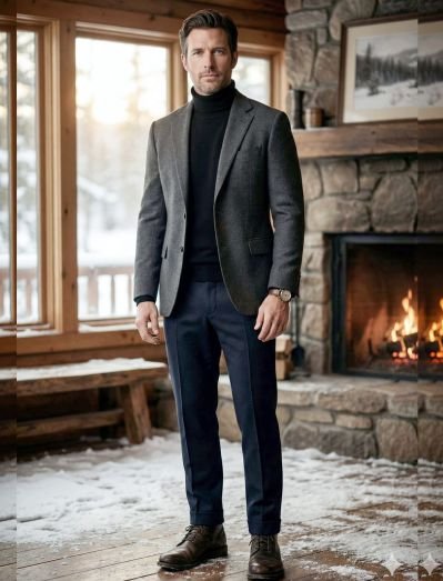 A man in a wool blazer layered over a fine knit sweater or turtleneck for a winter wedding