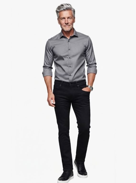 A 60-plus man in a Black Jeans with a Button-Down and Leather Shoes