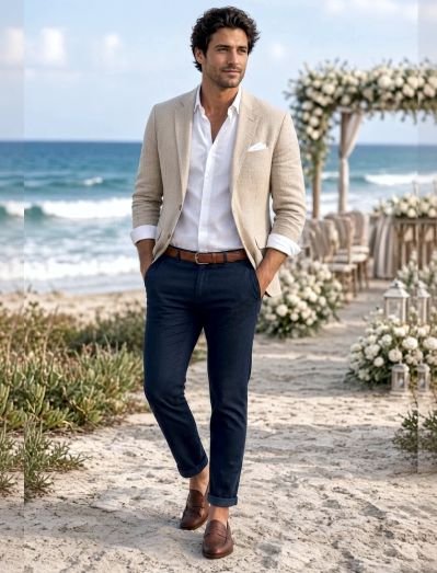 A ,am om a beige blazer, white shirt and jeans for a beach wedding