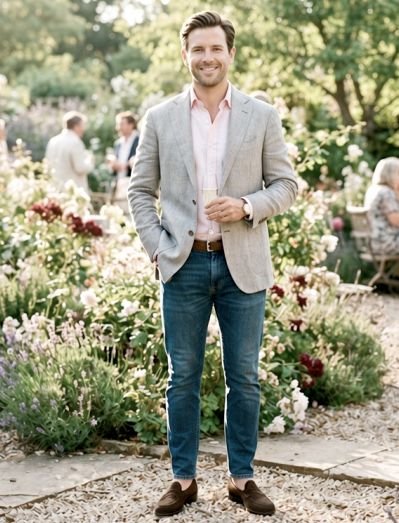A man in a light gray blazer paired with a soft pastel shirt and dark blue jeans for a garden wedding