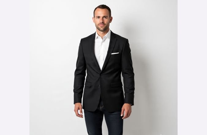 A wedding guest pairing a men's blazer with jeans
