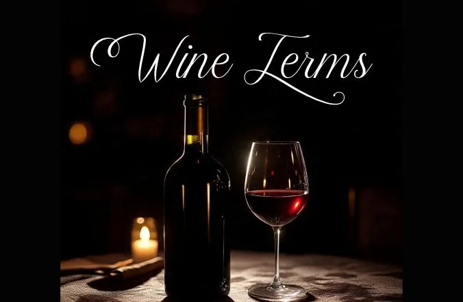 A wine bottle and a glass - depicting common wine terms