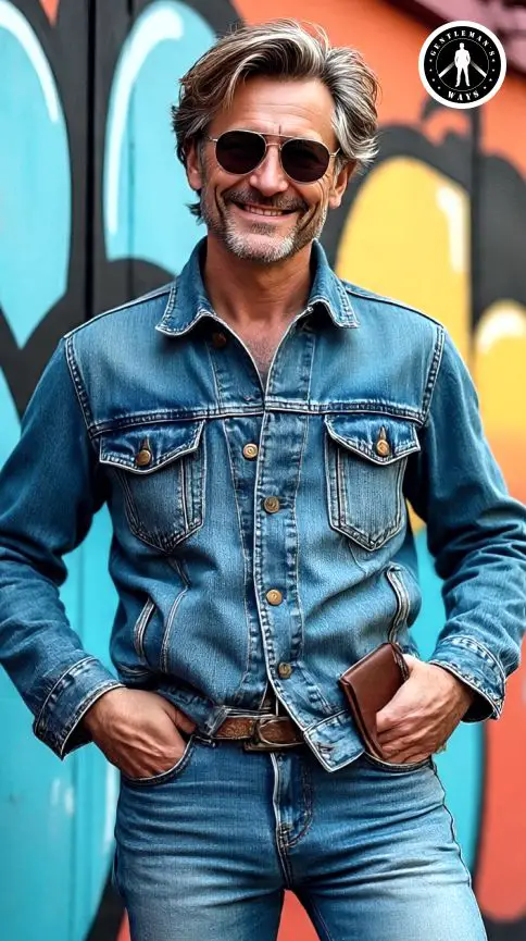 A 60s man in denim jeans and jacket