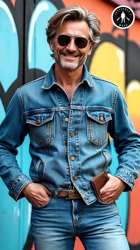 A 60s man in denim jeans and jacket
