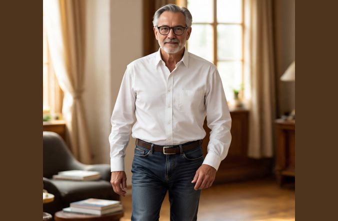 An older man in his 60s showing denim styles for men over 60