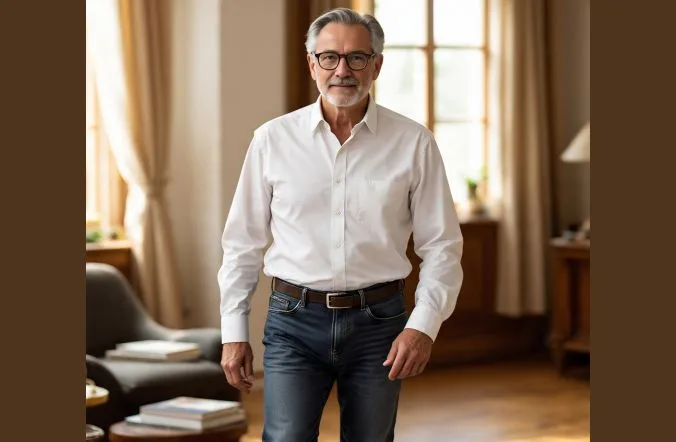 An older man in his 60s showing denim styles for men over 60