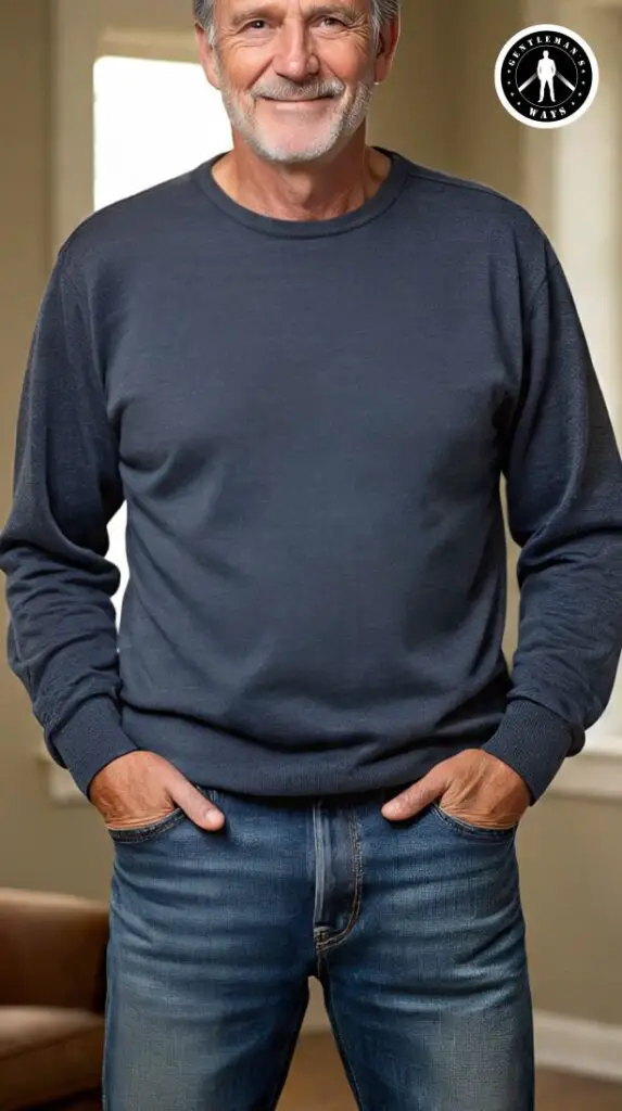 A man in his 60s in fitted jeans