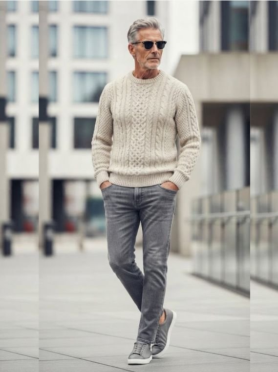 A man in his 60s in a Gray Denim with Neutral Knitwear and Loafers