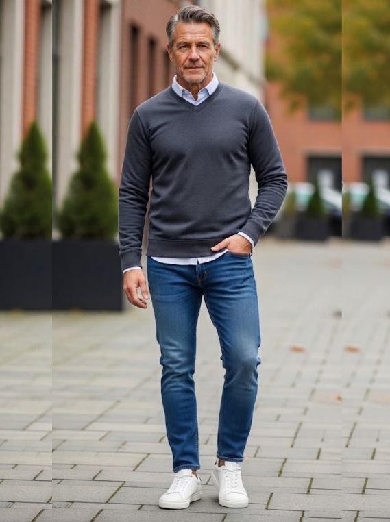 A man in his 60s in a Relaxed Fit Medium Wash with a Lightweight Sweater