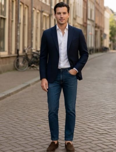 A man in a Navy blazer, white dress shirt, and jeans for a wedding