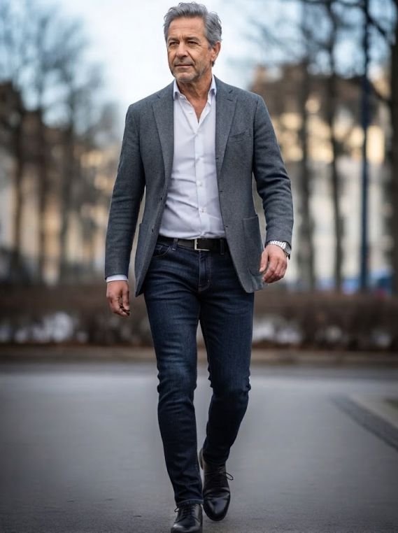 A 60-plus man in a Slim-Straight Dark Denim with a Blazer and Crisp Shirt