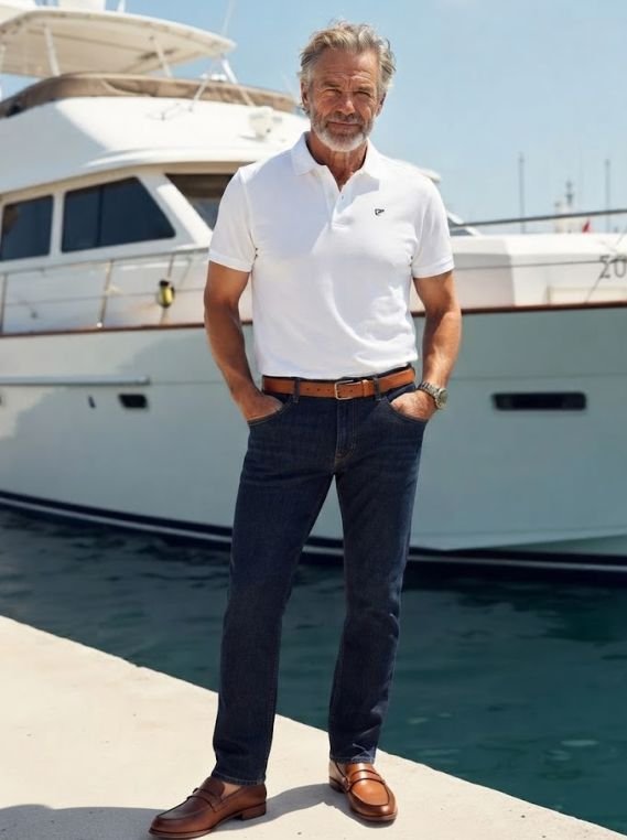 A 60-plus man wearing Straight-Leg Dark Wash with a Polo and Loafers
