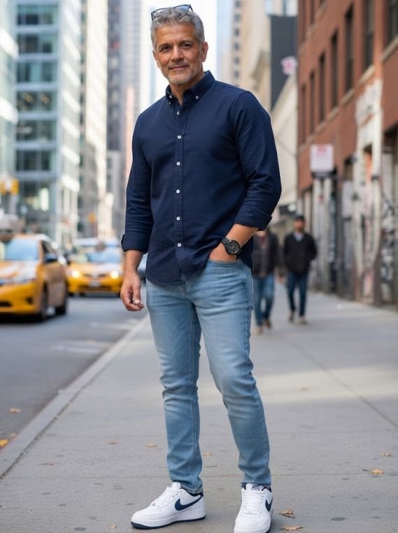 A 60-plus man wearing a Stretch Comfort Denim with a Casual Shirt and Clean Sneakers