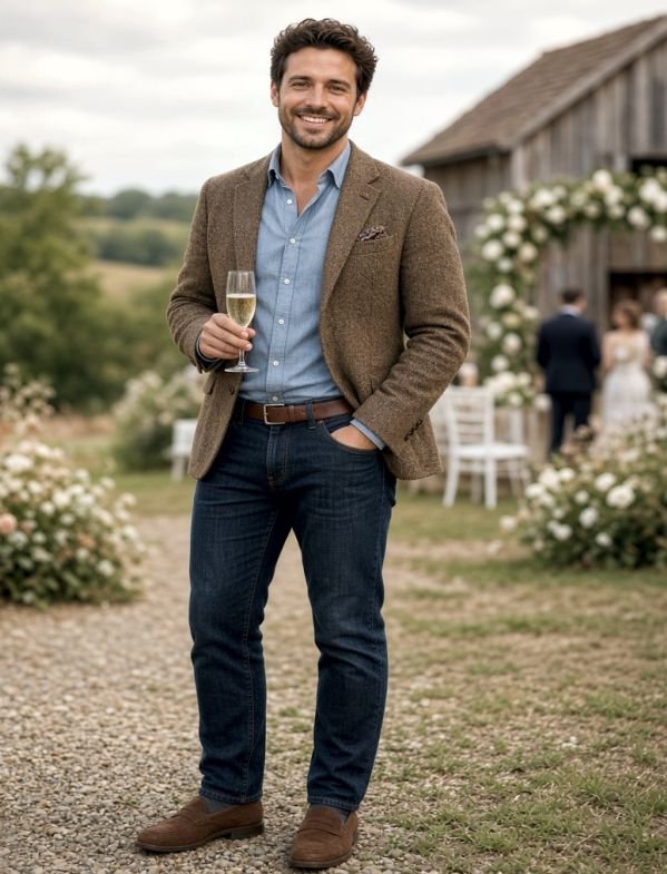 A man in a tweed blazer and chambray shirt with jeans for a countryside wedding