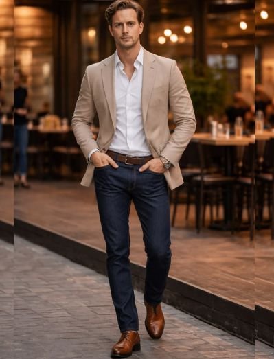 A man in a cotton blazer paired with a breathable shirt and jeans with loafers for a wedding