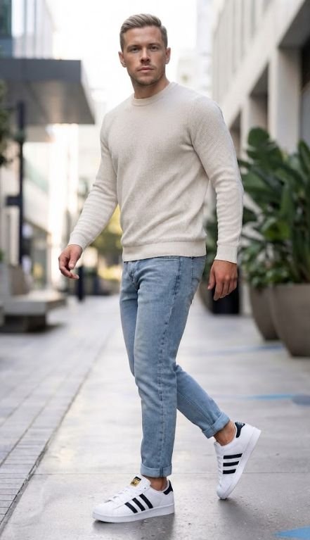 A man in an outfit of Cuffed Jeans and White Sneakers for an Everyday Look
