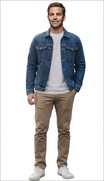 A man in a Denim Jacket, Plain Tee, and Neutral Chinos