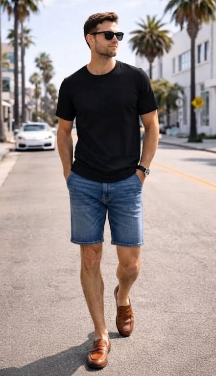 A man in a Denim Shorts, Polo, and Loafers for Summer