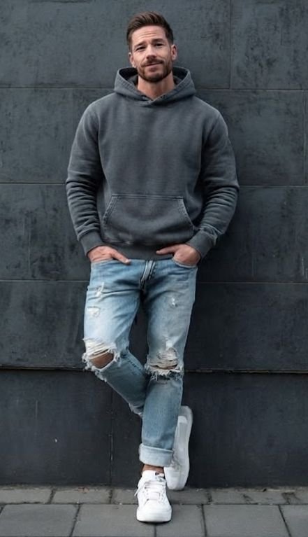 An outfit of a Distressed Jeans and a Hoodie for Weekend Errands