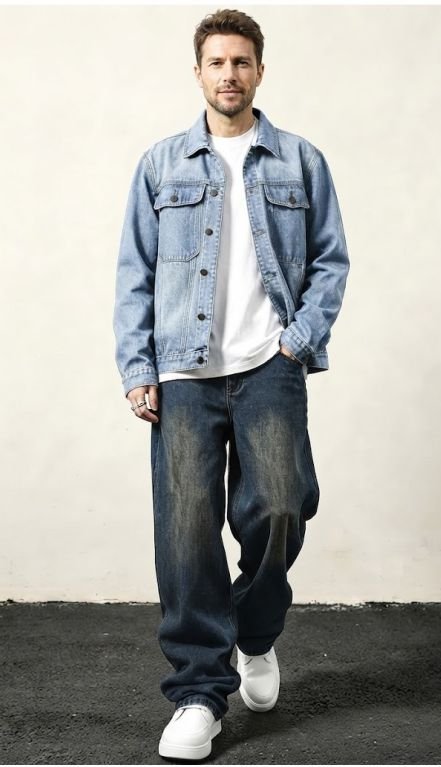 A man wearing Double Denim With Contrasting Washes