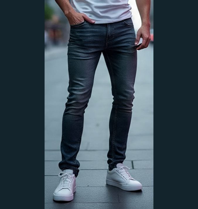 A man wearing slim denim jeans