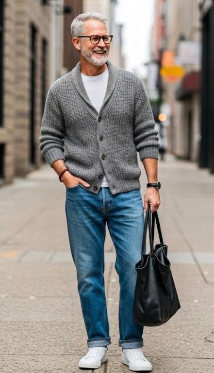 A man in a Relaxed Jeans and a Cardigan for Older Men