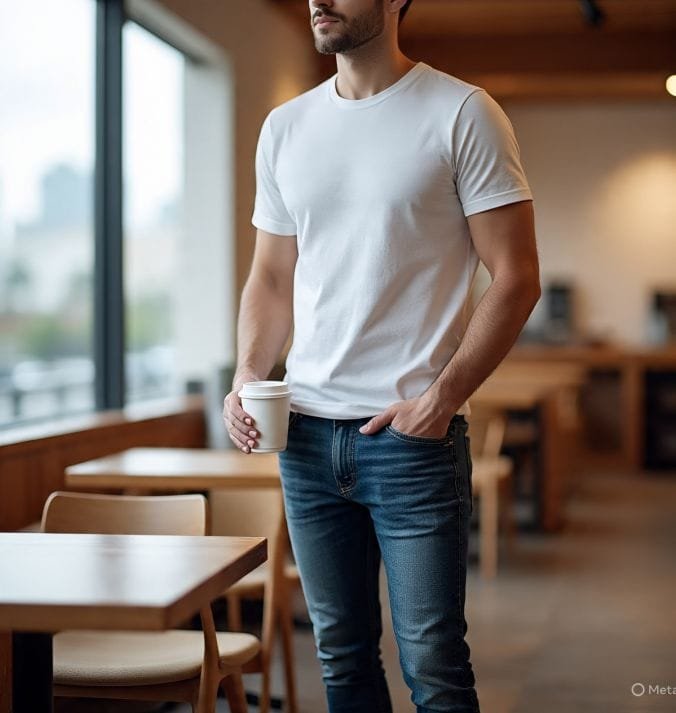 A man in tapered jeans and a T shirt