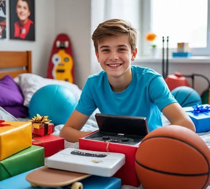 A teen boy receives gifts
