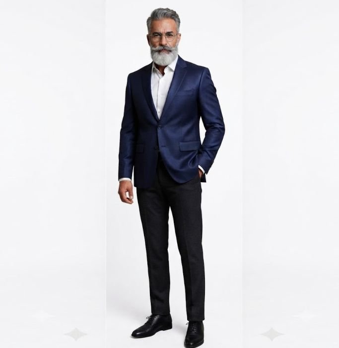 A man in Black or Midnight Blazer, White Shirt, and Dark Trousers demonstrating classic outfit ideas for mature men