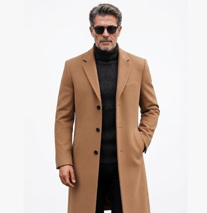 An elderly man in Camel or Navy Overcoat Over a Suit or Knitwear