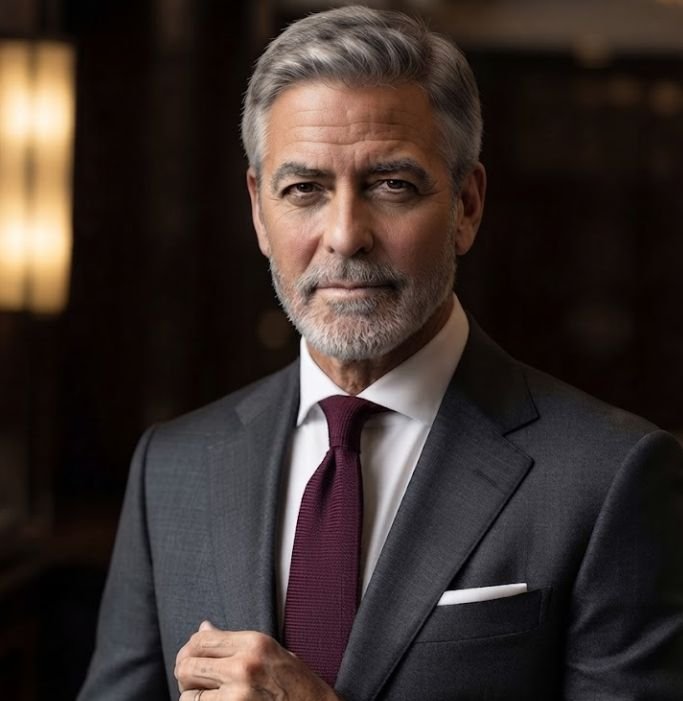 A 60 plus man in a Charcoal Suit, White Dress Shirt, and Burgundy Tie