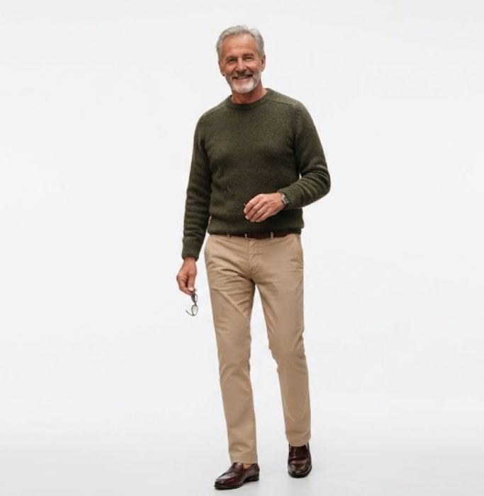 An older man in a Crewneck Sweater, Straight-Leg Chinos, and Leather Loafers