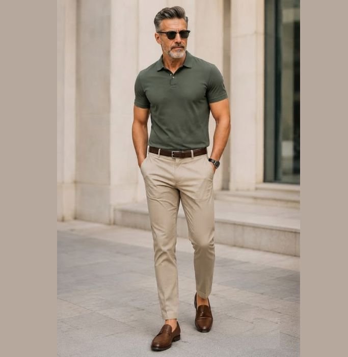 An older man wearing a Fine Knit Polo, Tailored Chinos, and Brown Leather Loafers