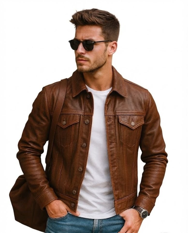 A man wearing a leather jacket
