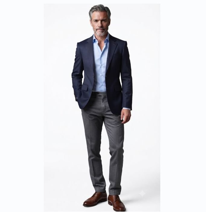An older man in a Navy Blazer, Light Blue Oxford Shirt, and Grey Wool Trousers