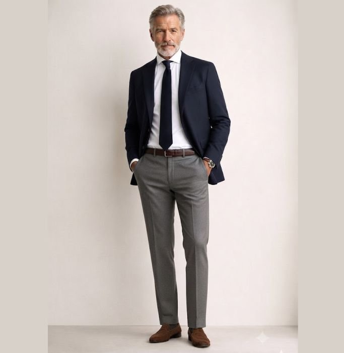 An older man of 60s rocking a classic outfit of Navy Blazer, White Shirt, and Pressed Grey Trousers
