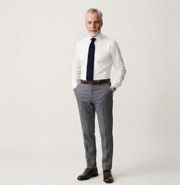 An older man in a Wool Trousers, Crisp Shirt, and Knit Tie with Brown Derbies depicting classic outfit ideas for older men