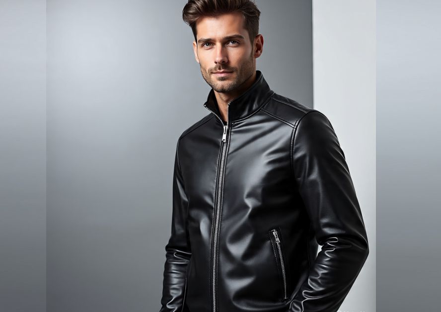 A man in a men's leather outerwear