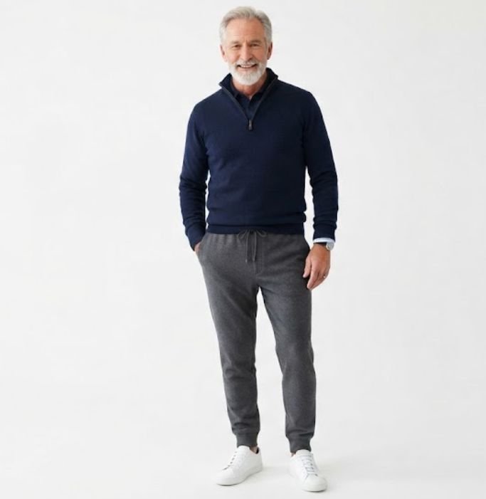 A mature man in a Quarter-Zip Sweater, Tailored Joggers, and Clean White Sneakers