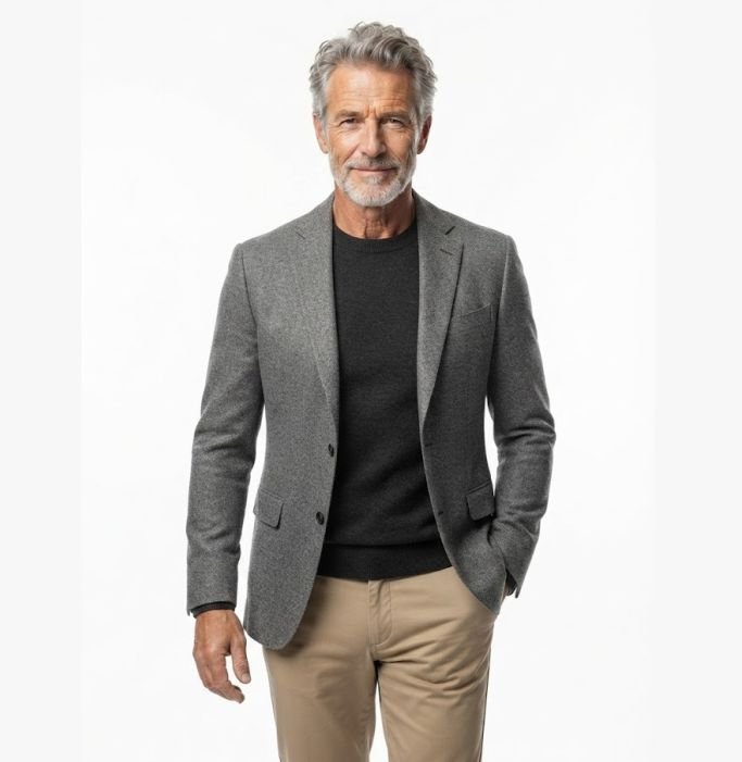 A man in a Structured Wool Jacket Over a Crewneck and Chinos