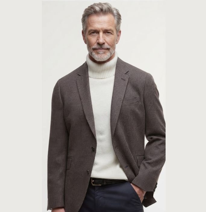 An older man in a Turtleneck Under a Wool Blazer with Tailored Trousers