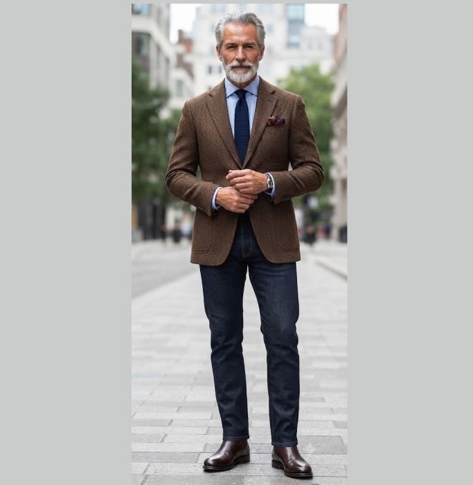 An older man in a Tweed Sport Coat, Dark Jeans, and Chelsea Boots depicting classic outfit for older men