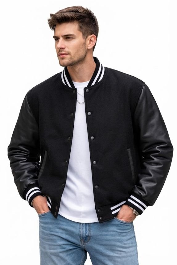 A man wearing a varsity jacket