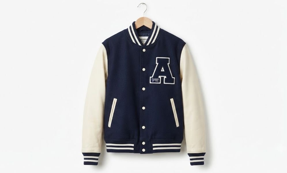 A men's varsity jacket in a hanger -a type of men's casual jacket