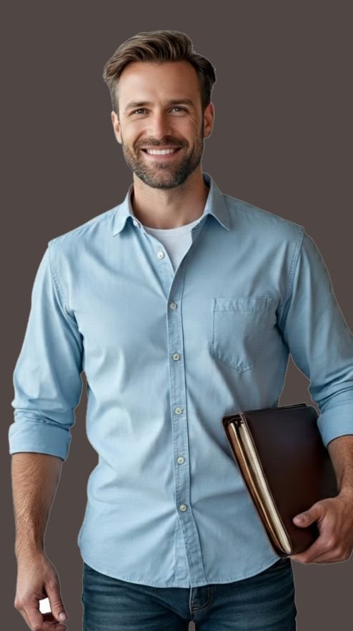 A man in business casual with folded sleeves