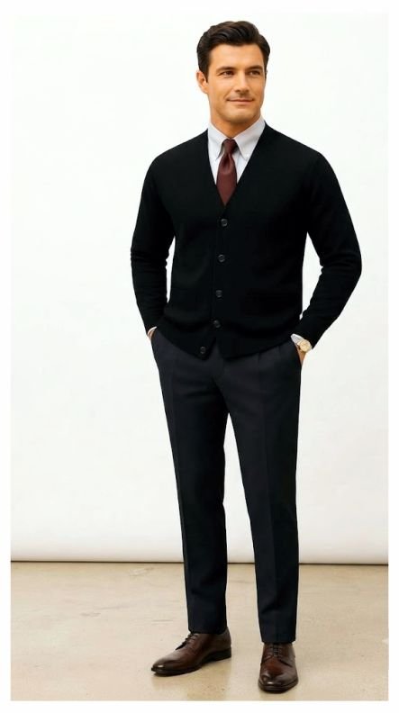 A man wearing a business casual outfit of Cardigan Over Shirt with Wool Trousers