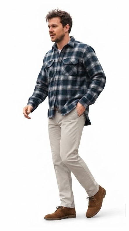 A man in a Checked Button-Down, Stone Chinos, and Suede Chukka Boots